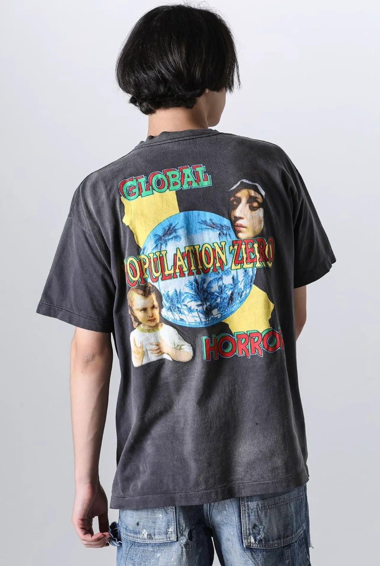 SAINT MICHAEL SS TEE/ON EARTH/BLK Jesus, Mary, Holy Infant Earth TEE Ready-to-wear Assut special piece dyeing, washed and distressed Vintage process, front and rear super complex super large printing, top purchasing agent technology